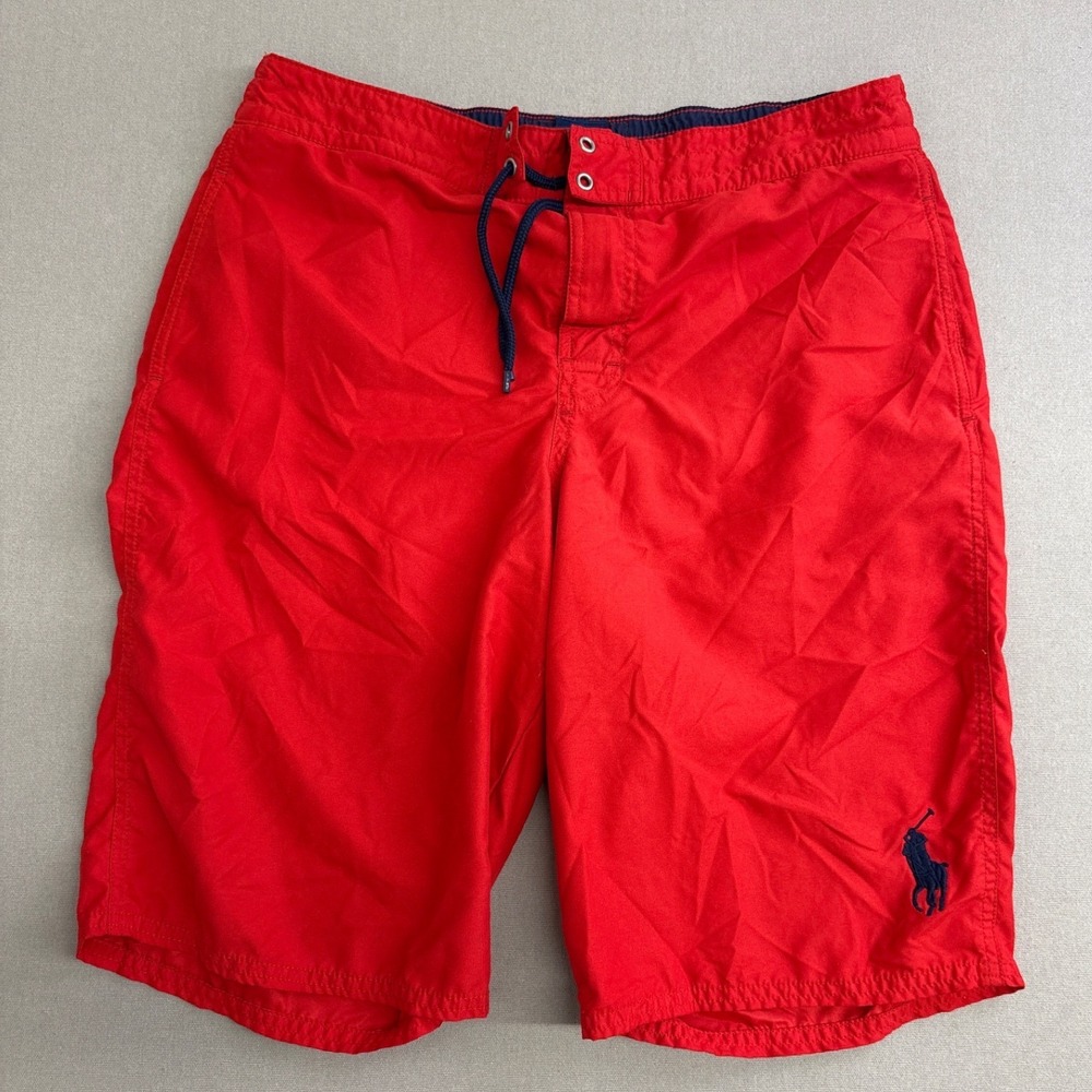 Polo Ralph Lauren Mens Red Swim Trunks XL 18-20 Blue Pony Embroidered Shorts